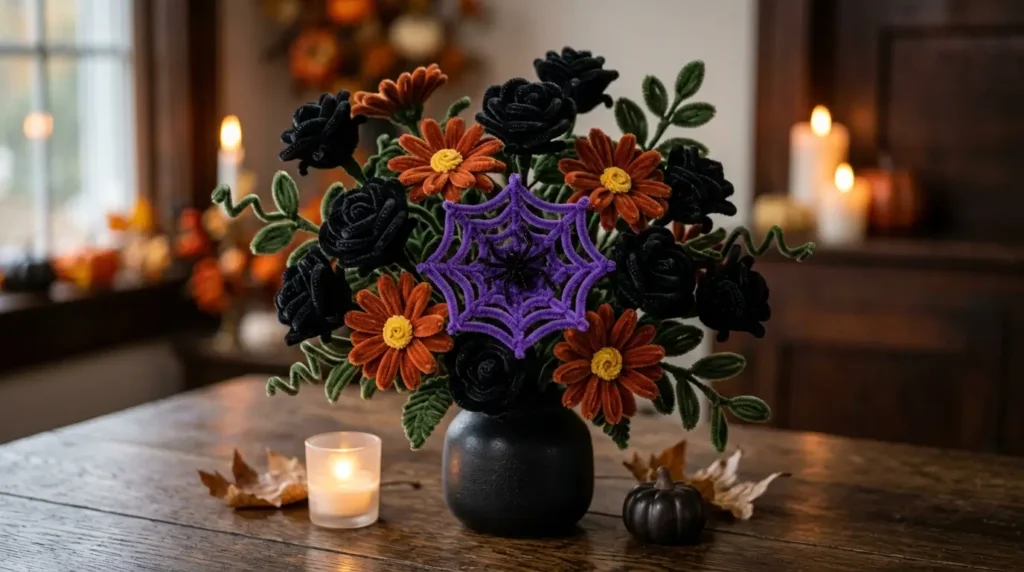 Elegant pipe cleaner Halloween crafts with black roses, rust daisies and a spider web accent flower in a black vase