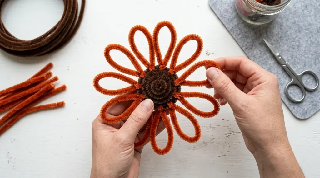Step-by-step photo tutorial for making a rust-orange pipe cleaner daisy for Halloween decor