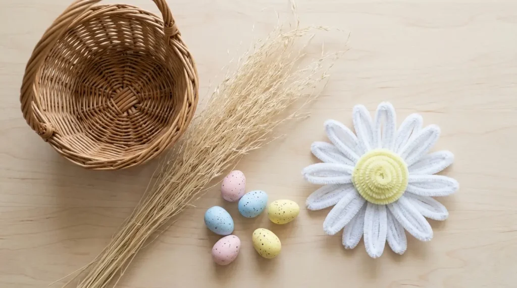 White pipe cleaner daisy nestled in a basket with pastel Easter eggs