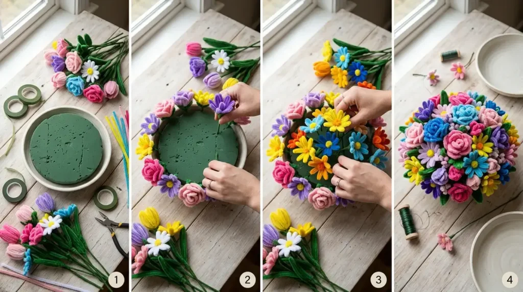 Step-by-step photo tutorial for assembling a pipe cleaner flower centerpiece in a shallow bowl