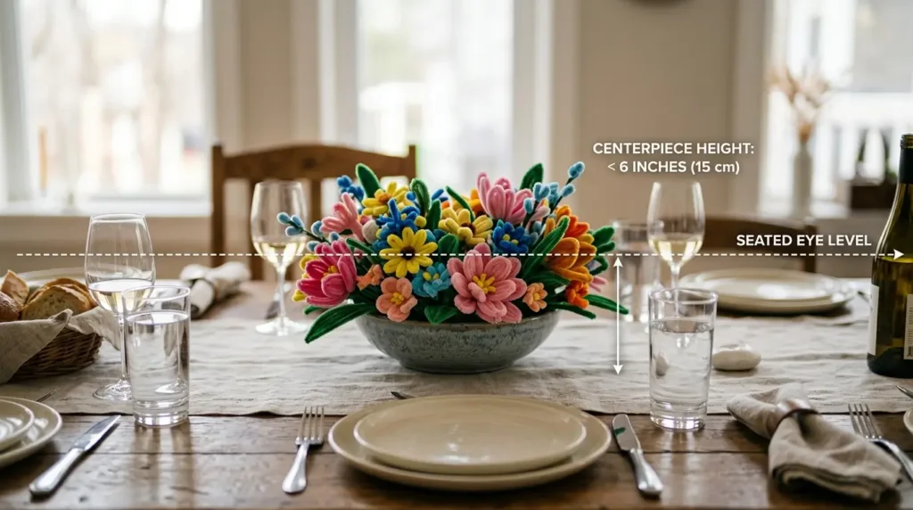 Pipe cleaner flower centerpiece height guide showing correct low profile below eye level at a dinner table