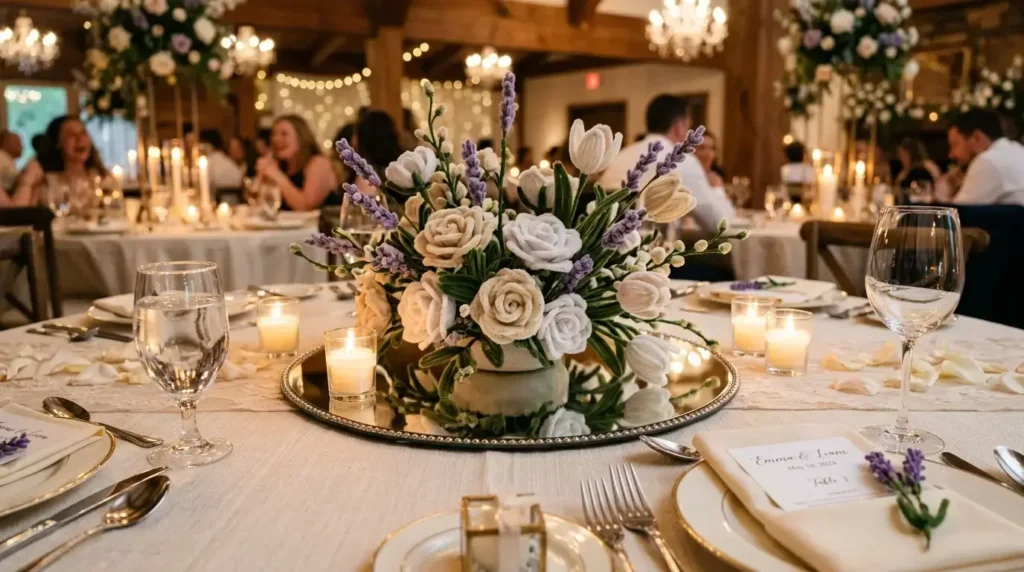 White and ivory pipe cleaner flower centerpiece on a wedding reception table with candles