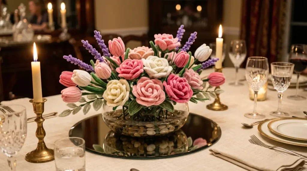 Elegant low pipe cleaner flower centerpiece with roses, tulips and lavender in a shallow glass bowl