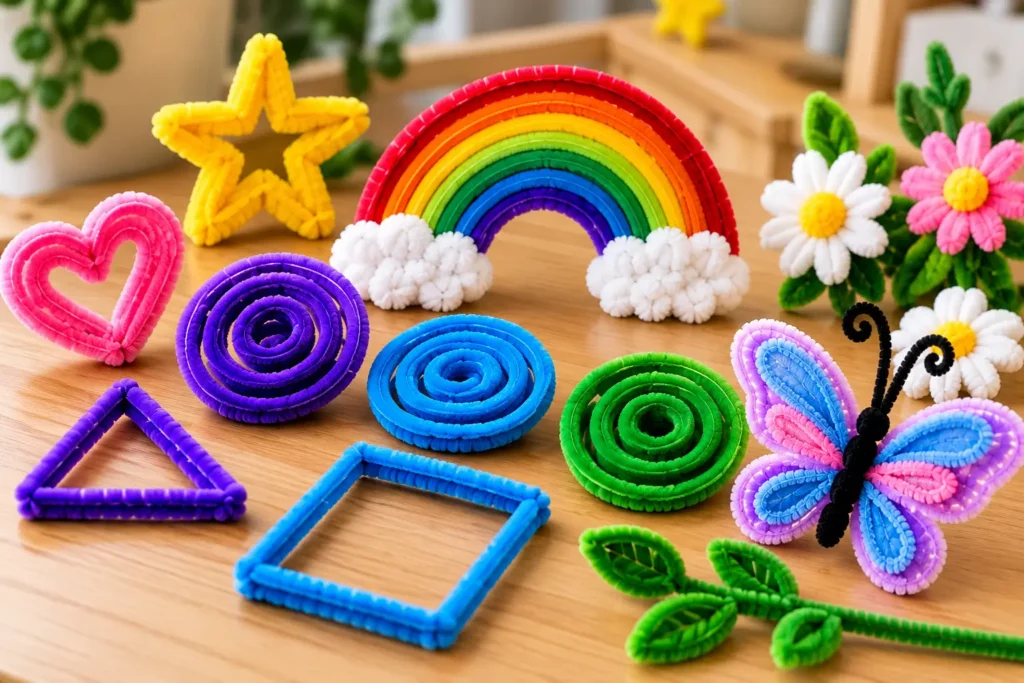 Easy pipe cleaner art ideas for beginners with rainbow, heart, star and shapes