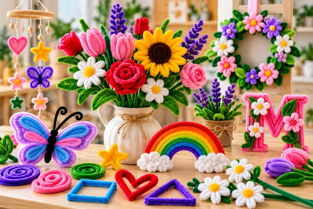 Colorful pipe cleaner art ideas with flowers, butterfly, rainbow and decorations