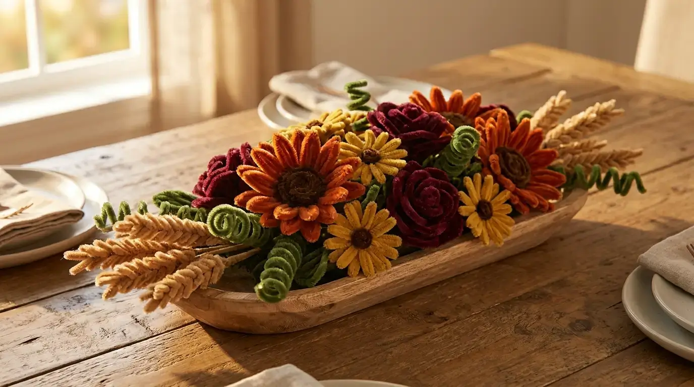 Pipe cleaner fall harvest centerpiece with rust sunflowers, burgundy roses and wheat stem accents in a wooden bowl
