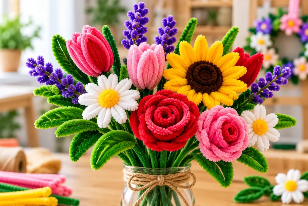 Pipe cleaner flower art with roses, tulips, sunflower, daisies and lavender