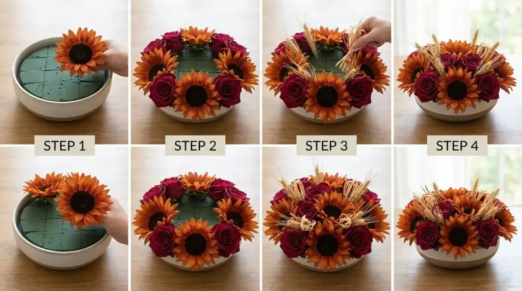 Step-by-step photo tutorial for assembling a pipe cleaner fall harvest centerpiece with wheat accents