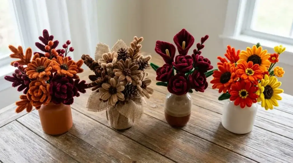 Four autumn color palette options for a pipe cleaner fall harvest centerpiece