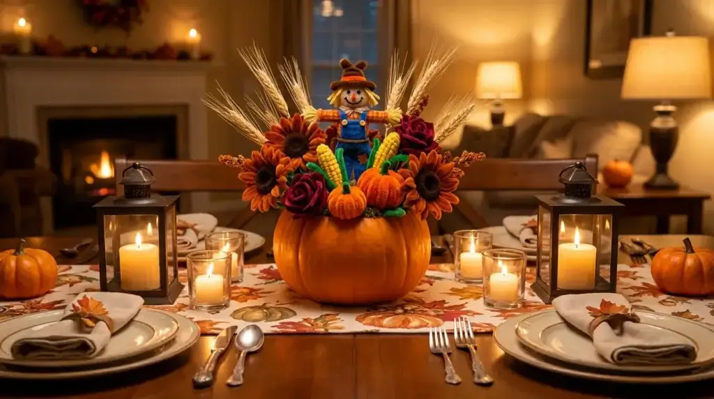 Pipe cleaner fall harvest centerpiece in a mini pumpkin on a Thanksgiving dinner table