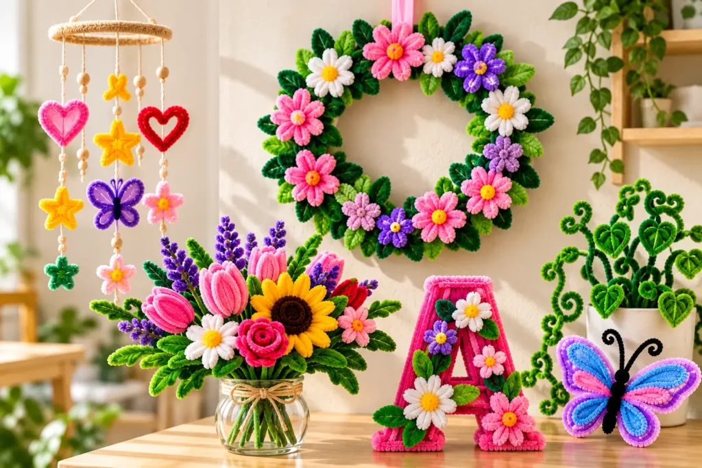 Pipe cleaner wall art with flower wreath, hanging decoration, bouquet and butterfly
