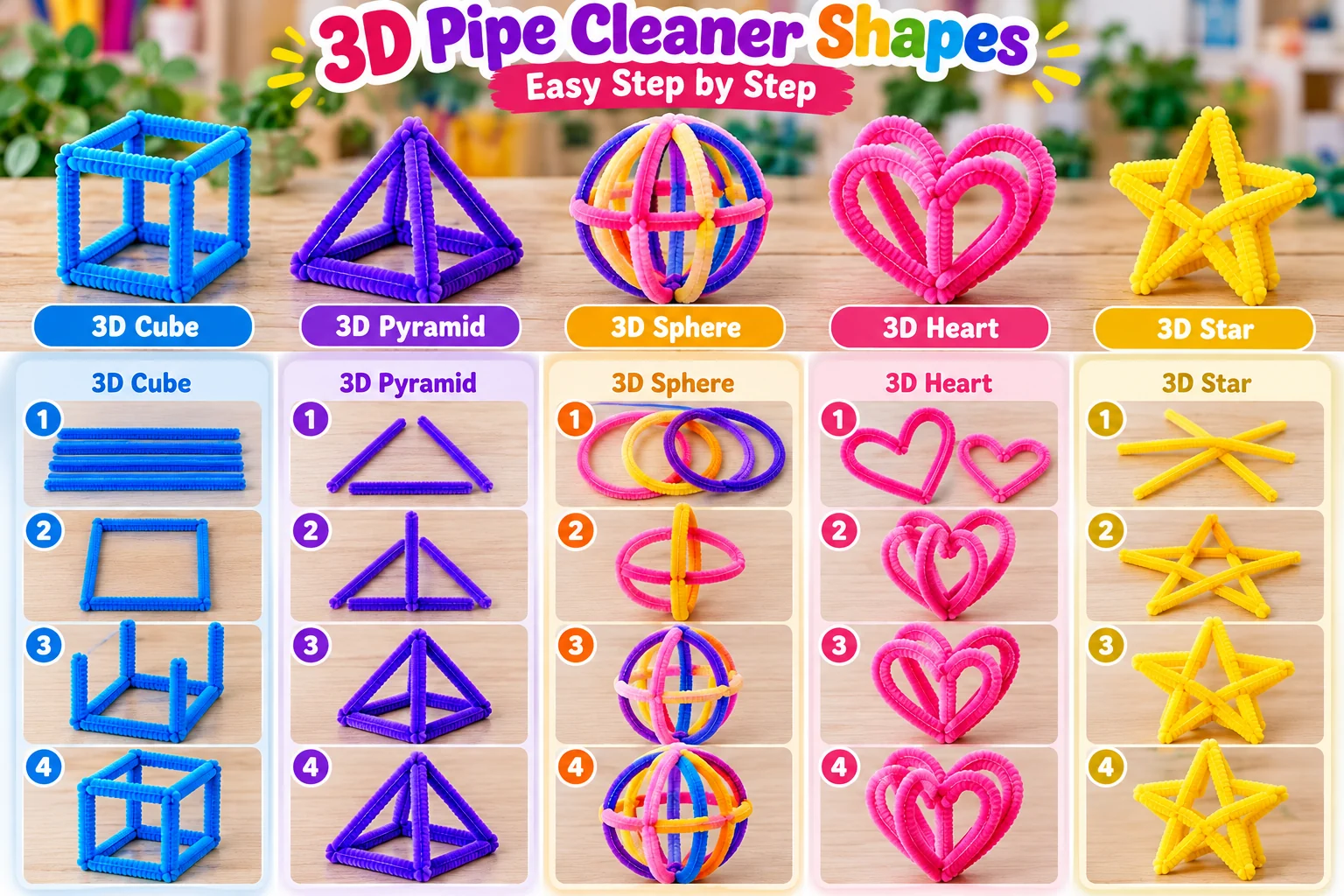 3D pipe cleaner shapes including cube, pyramid, sphere, heart and star