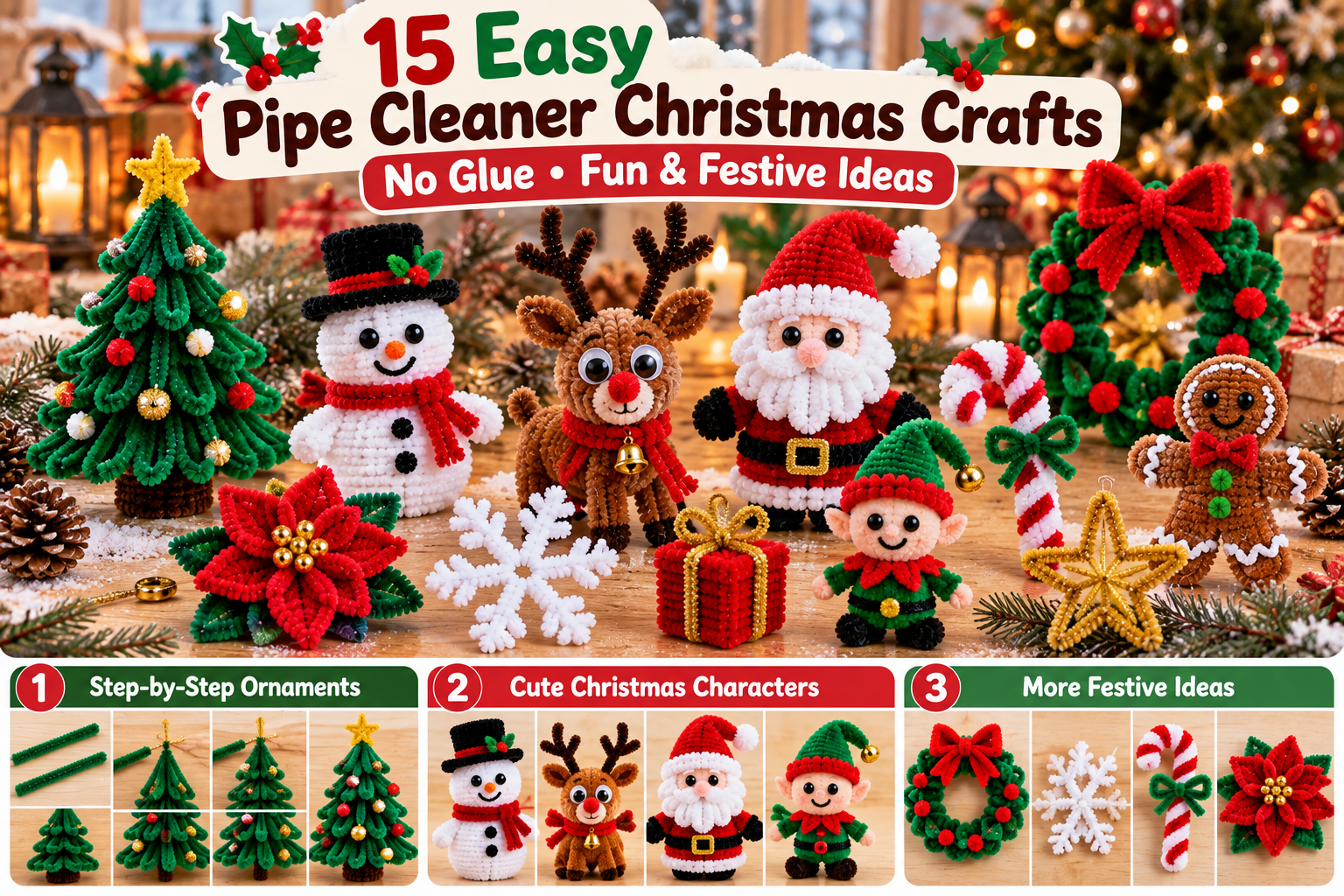Easy pipe cleaner Christmas crafts including tree, snowman, reindeer, Santa, wreath and holiday ornaments