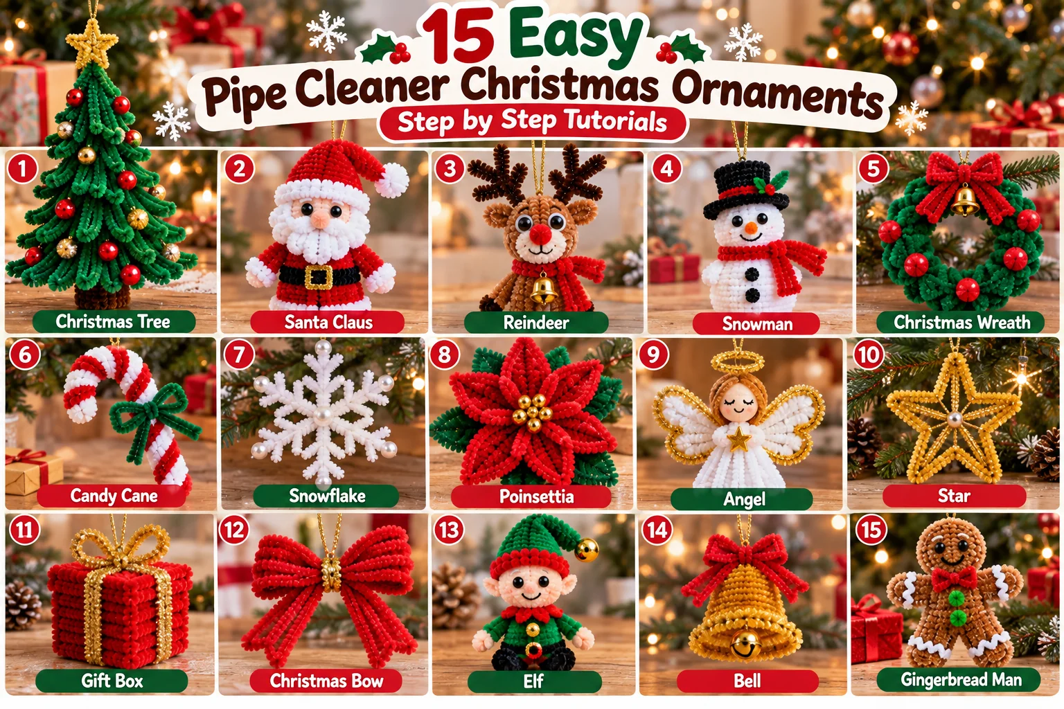 Easy pipe cleaner Christmas ornaments with 15 festive designs shown step by step
