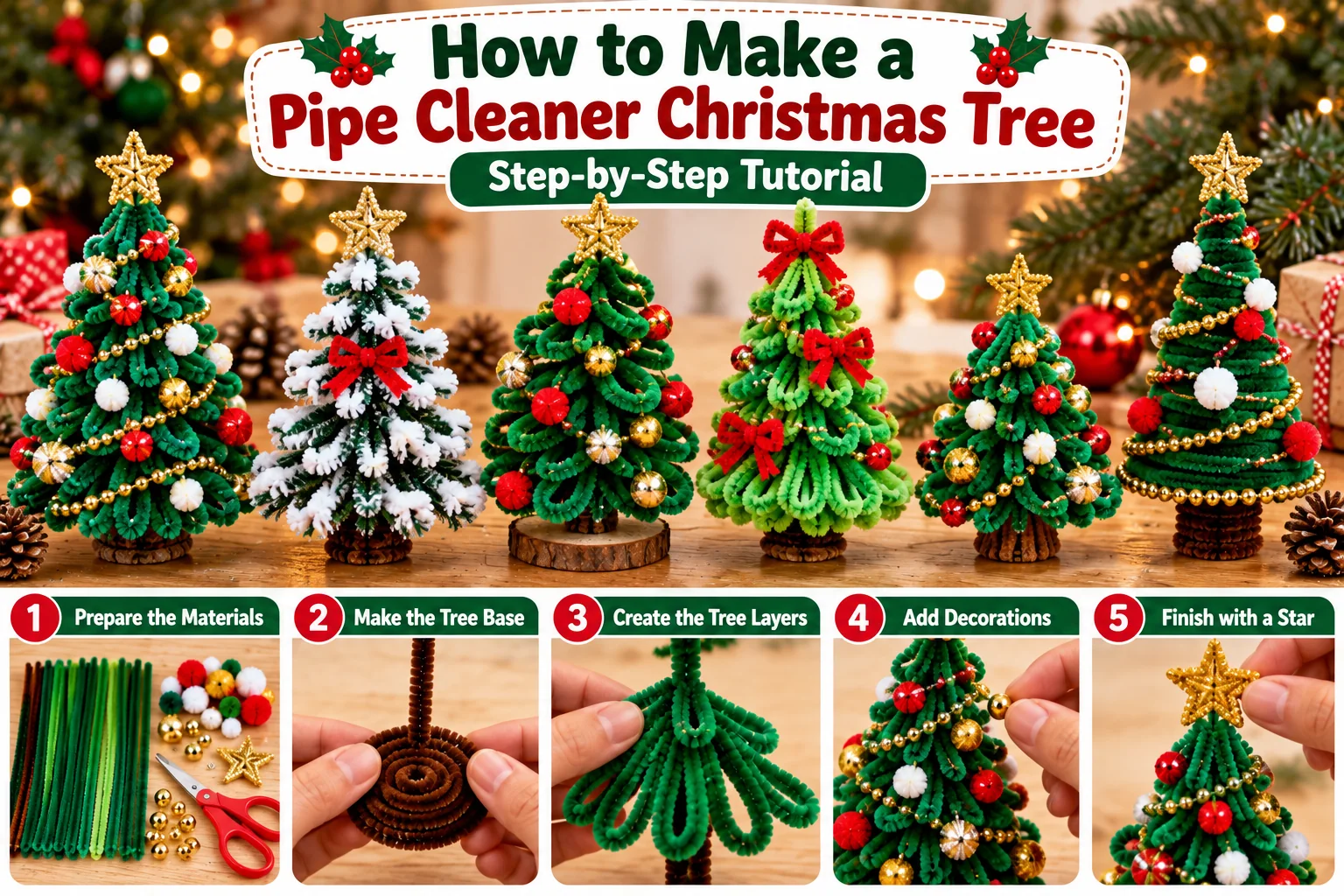Easy pipe cleaner Christmas tree showing base, branch layers, decorations and star