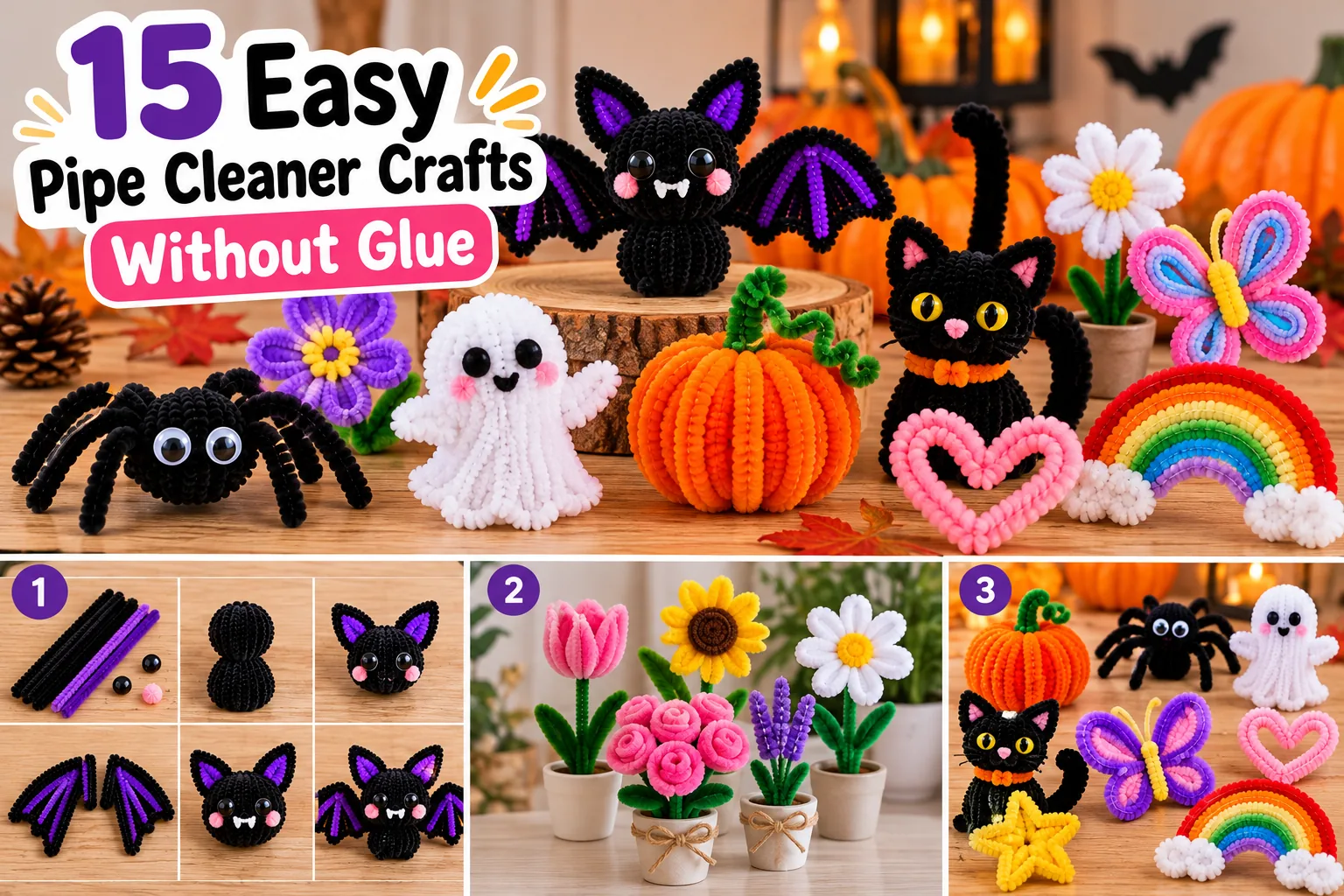 Easy no-hot-glue pipe cleaner craft ideas including bat, flowers, spider, ghost and shapes