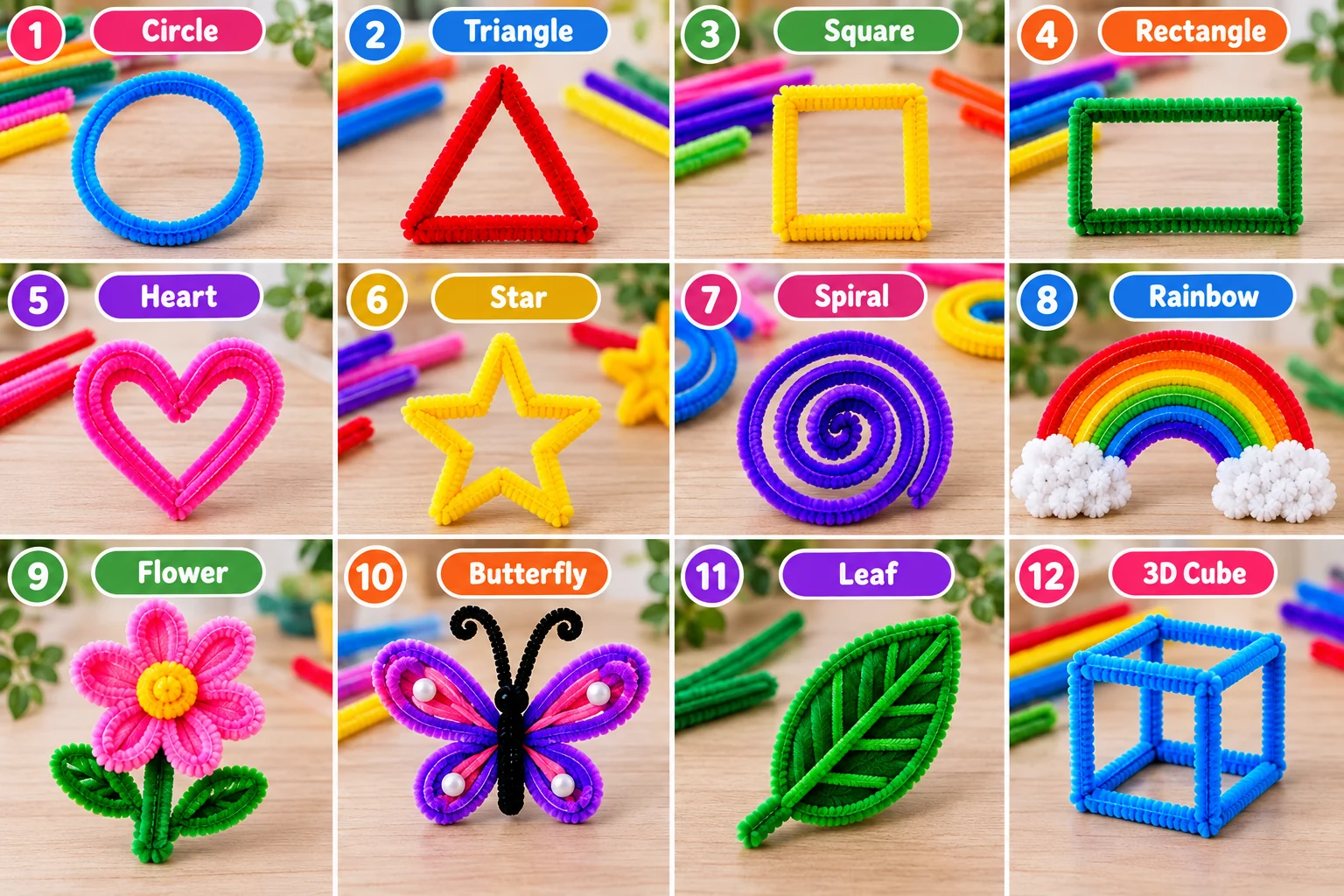 Easy pipe cleaner shapes including circle, triangle, square, heart, star, rainbow and cube
