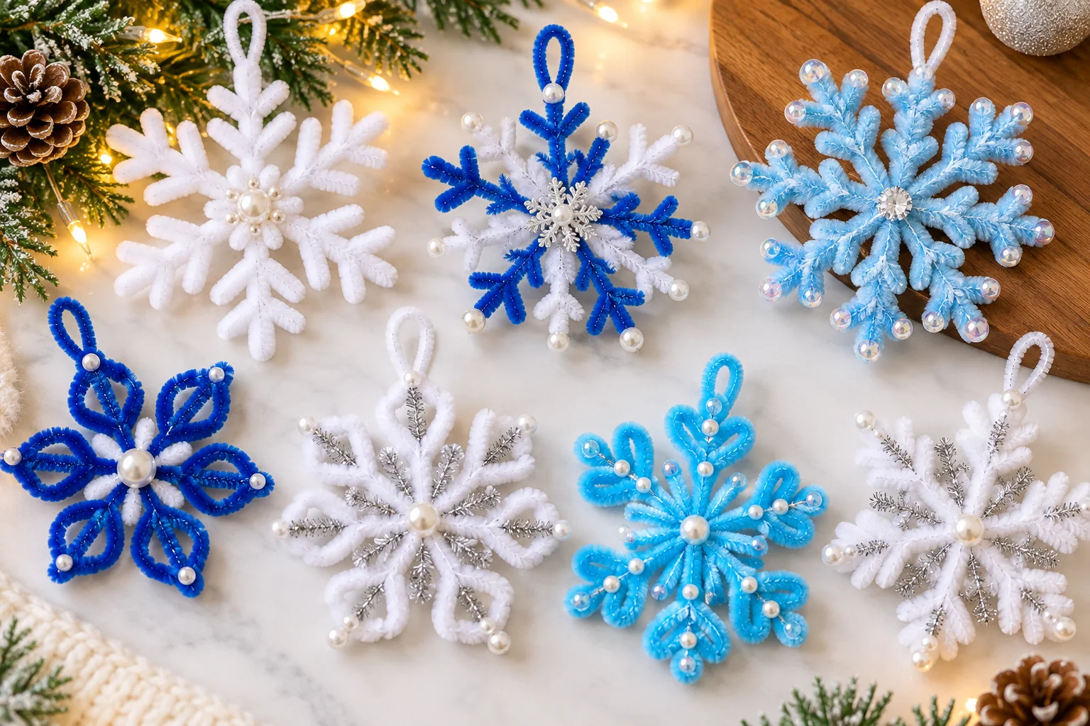 Easy pipe cleaner snowflakes in white blue and silver