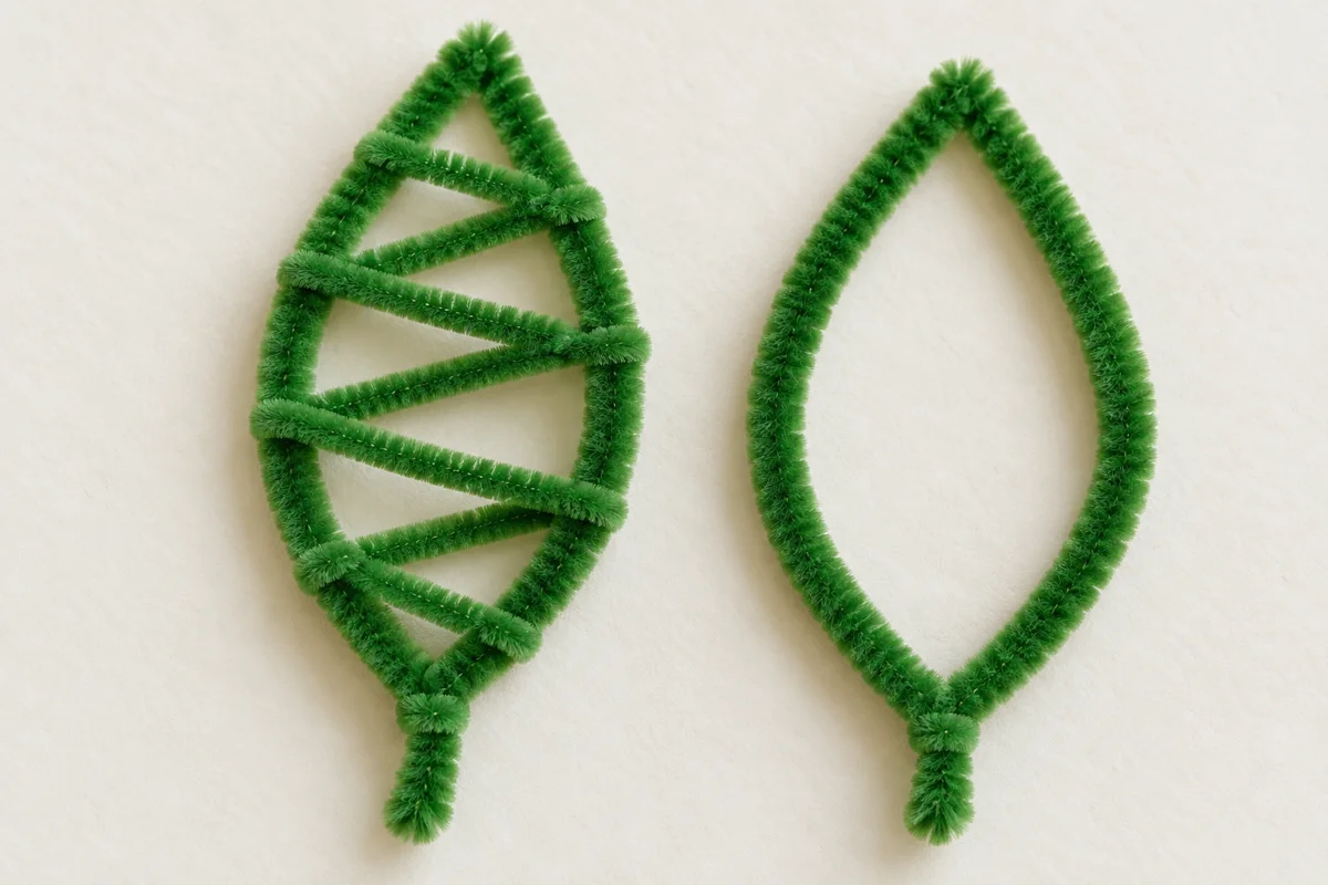 Filled green pipe cleaner leaf with zigzag crossings beside an empty outline leaf