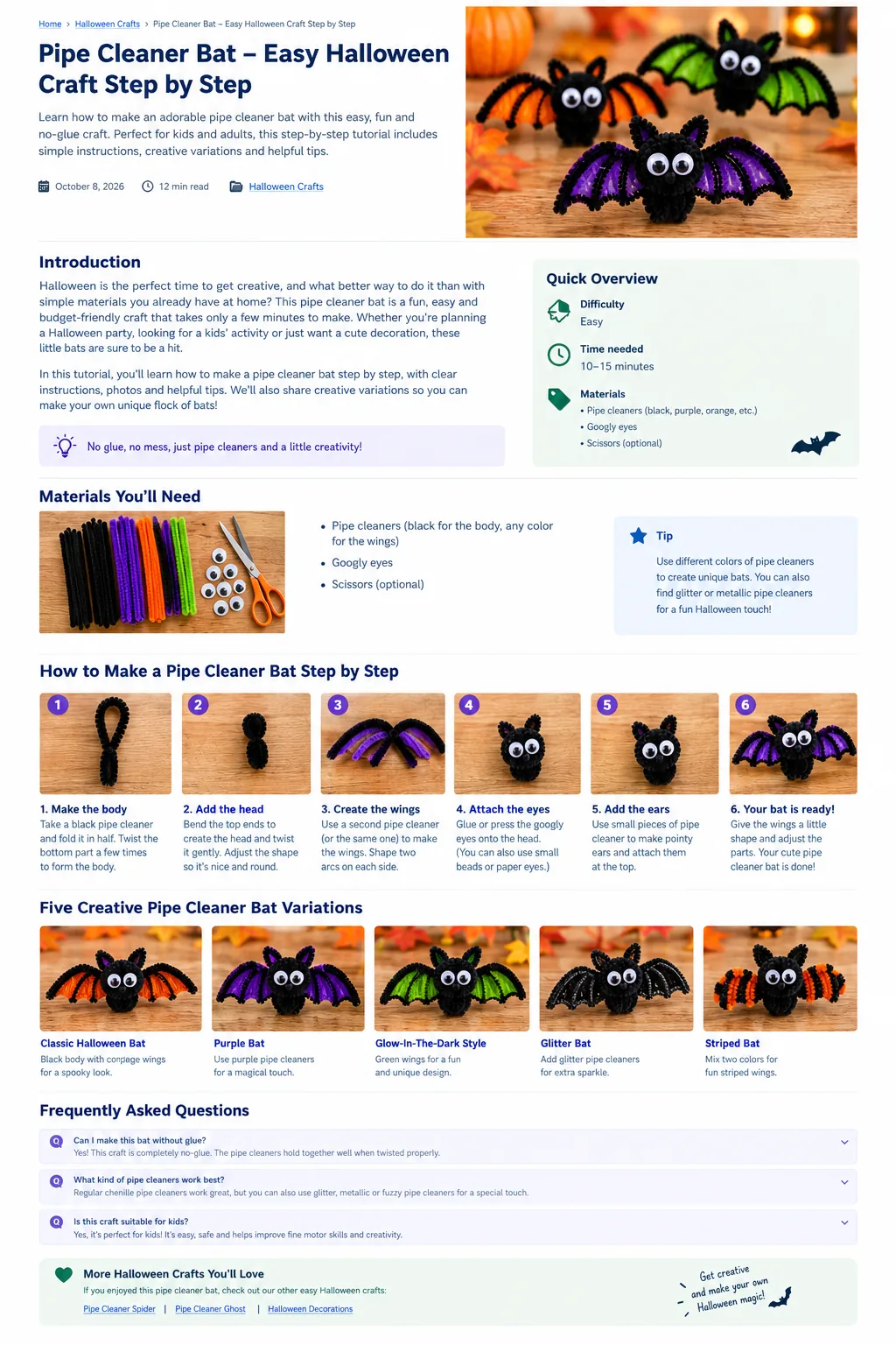 Step-by-step pipe cleaner bat tutorial with materials, wing shaping and finished Halloween bats