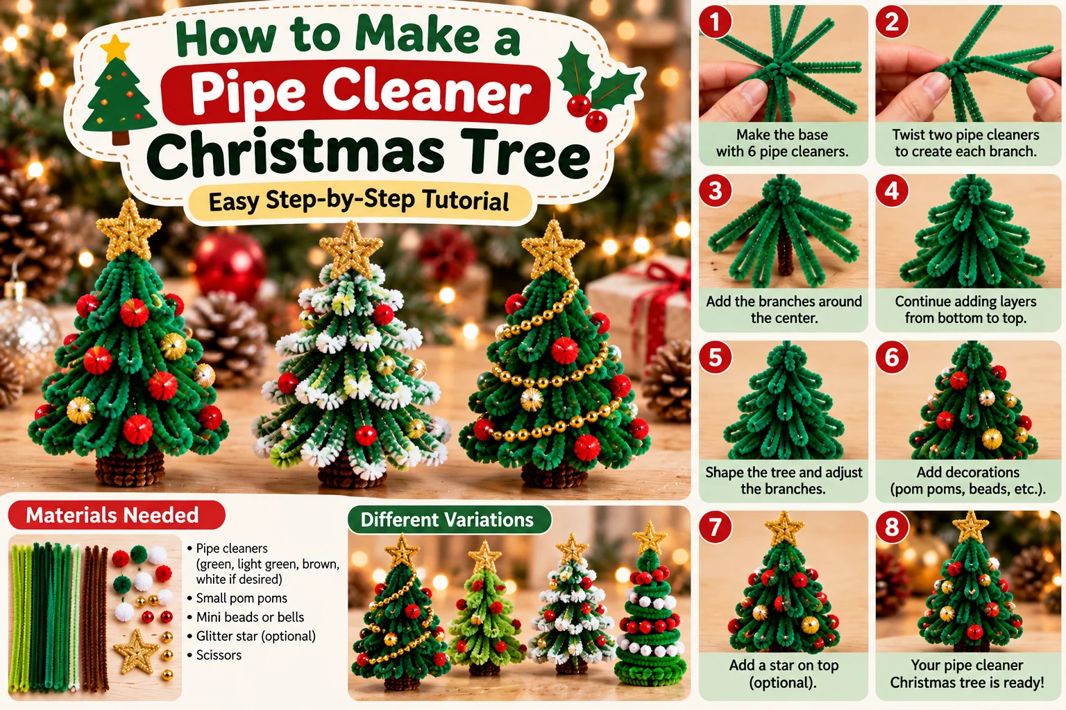 How to make a pipe cleaner Christmas tree step by step with materials and layered branch instructions