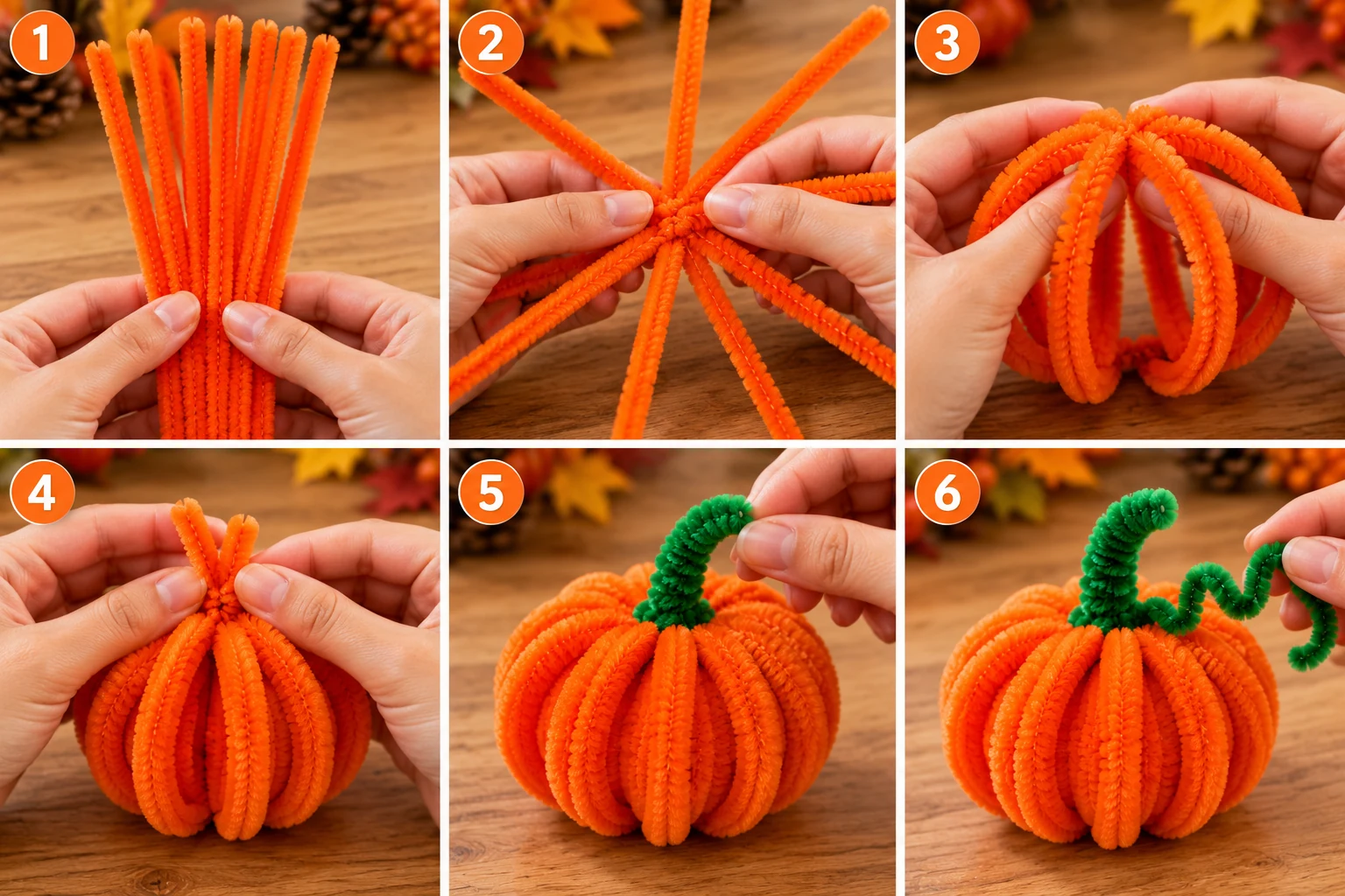 Six-panel illustration of gathering orange pipe cleaners, shaping pumpkin ribs and adding a green stem and vine
