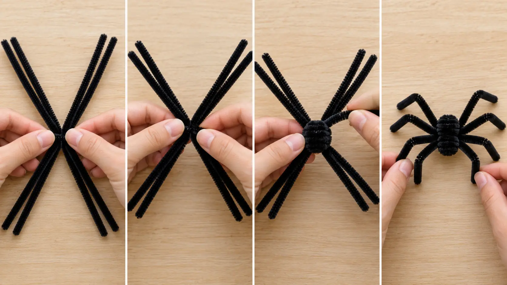 Four-step sequence for twisting and shaping a pipe cleaner spider