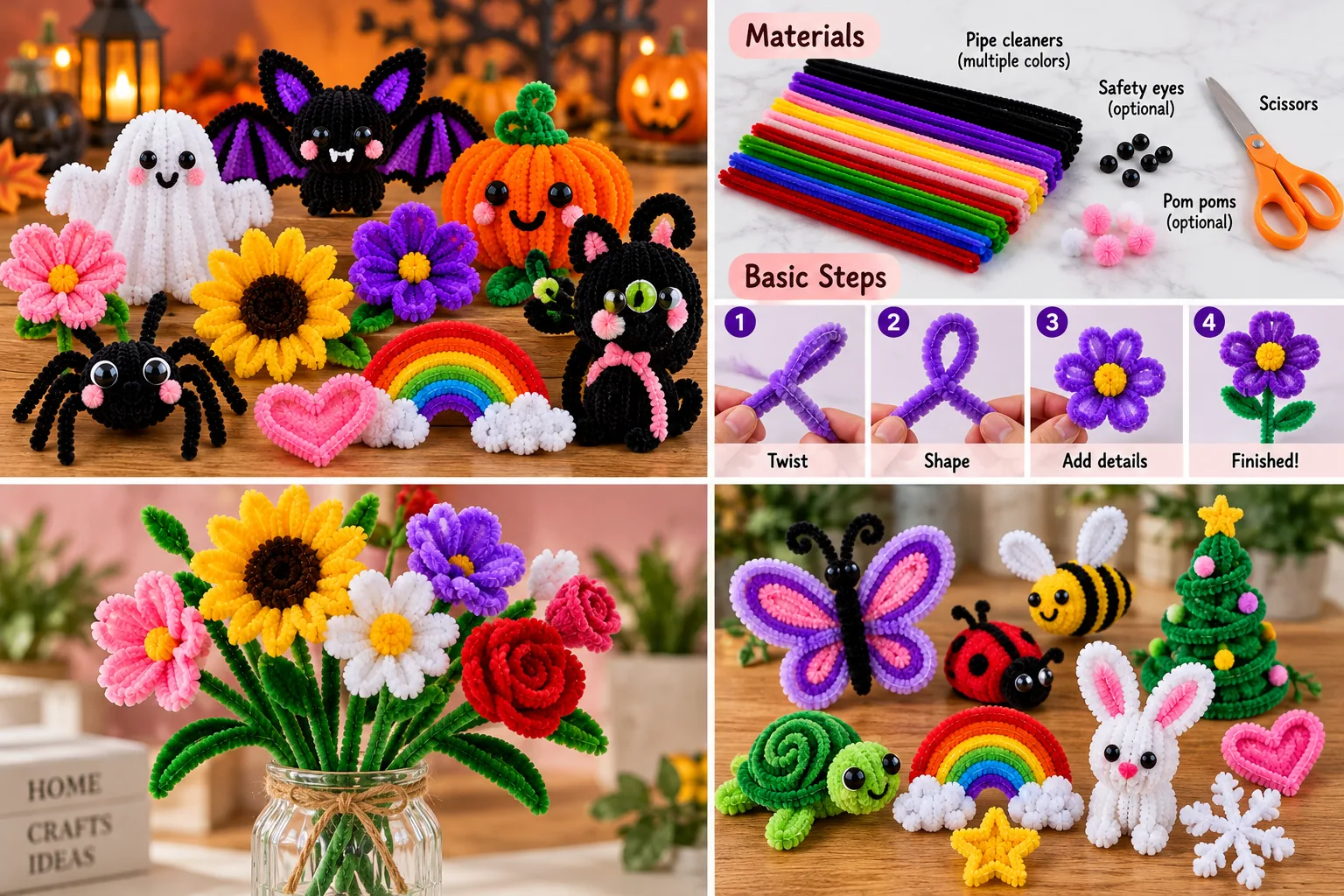 Pipe cleaner crafts without glue with materials and step-by-step flower instructions