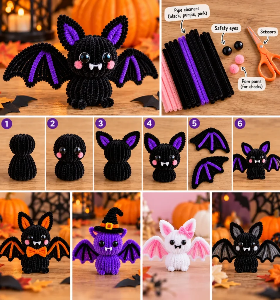 Cute black and purple pipe cleaner bat with Halloween craft materials and variations
