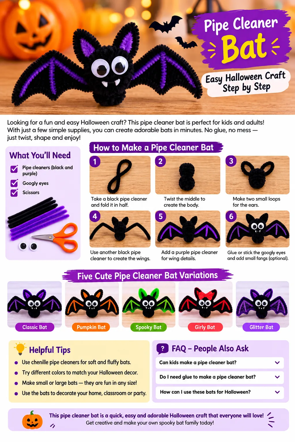 Pipe cleaner bat ideas in black, purple, orange, green and red Halloween variations