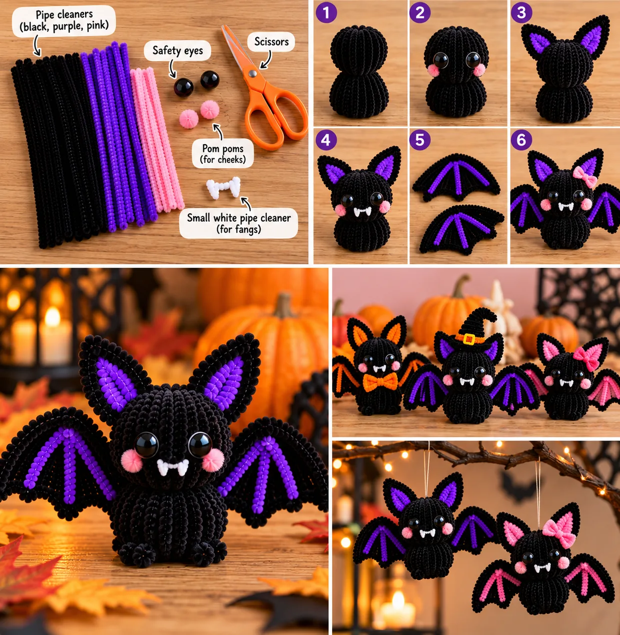 Pipe cleaner bat materials, six step construction guide, colorful variations and hanging bat decorations