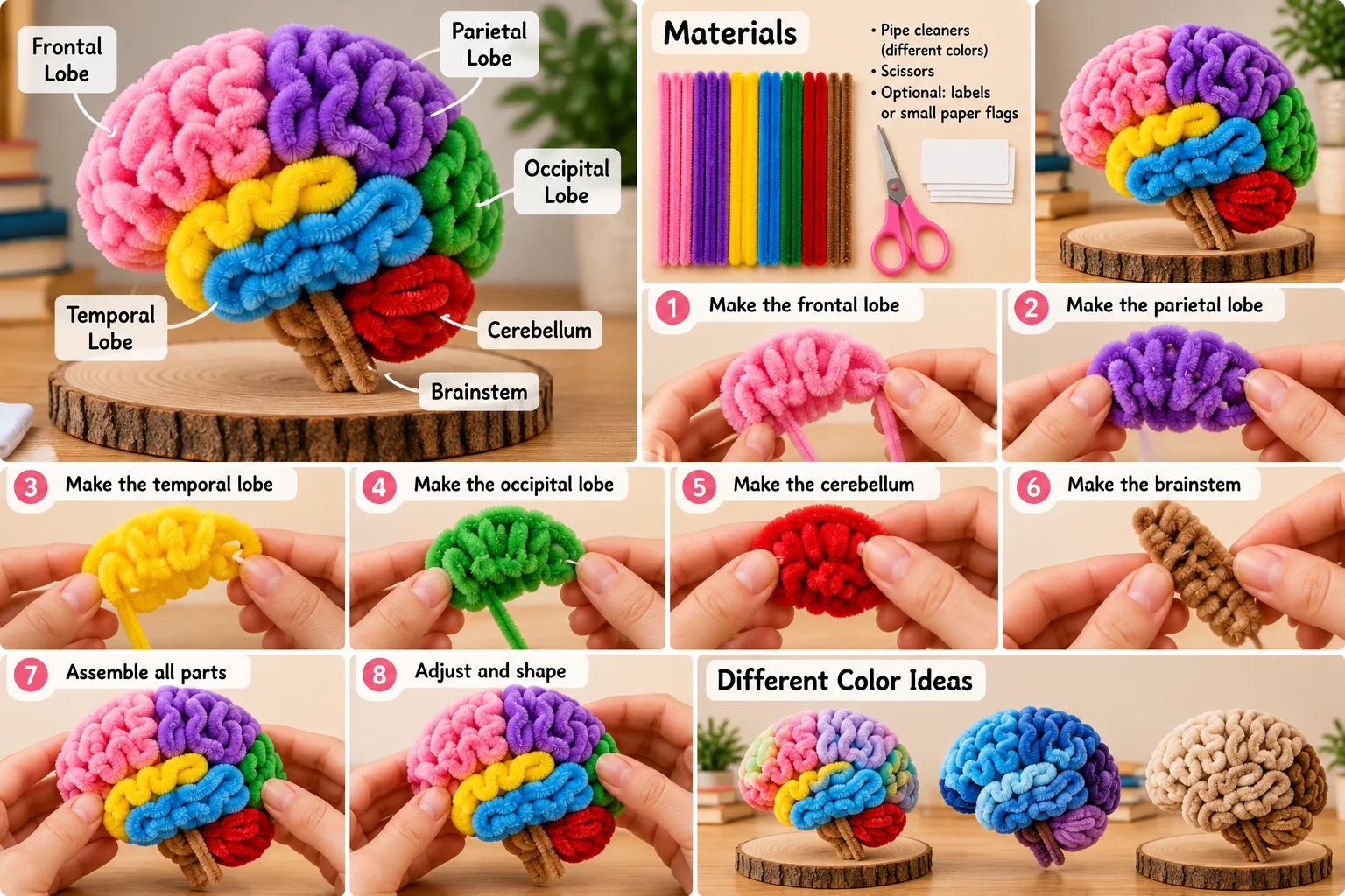 Pipe cleaner brain model color ideas and step-by-step assembly