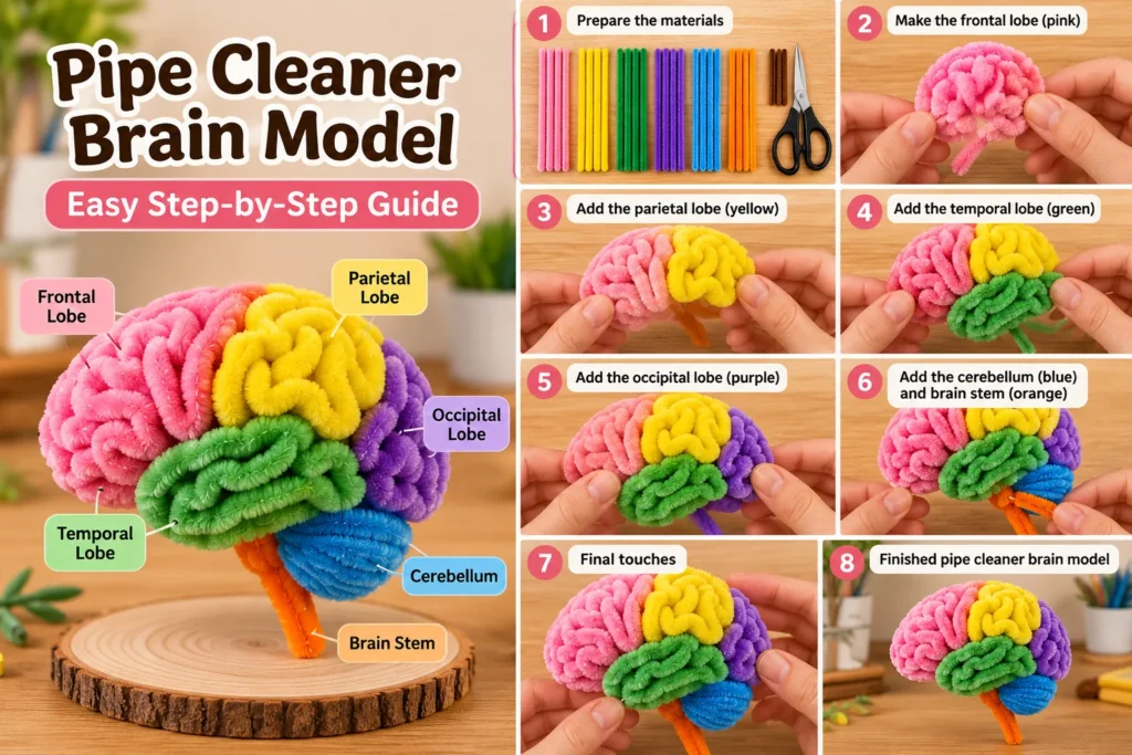 Colorful pipe cleaner brain model easy step-by-step school project