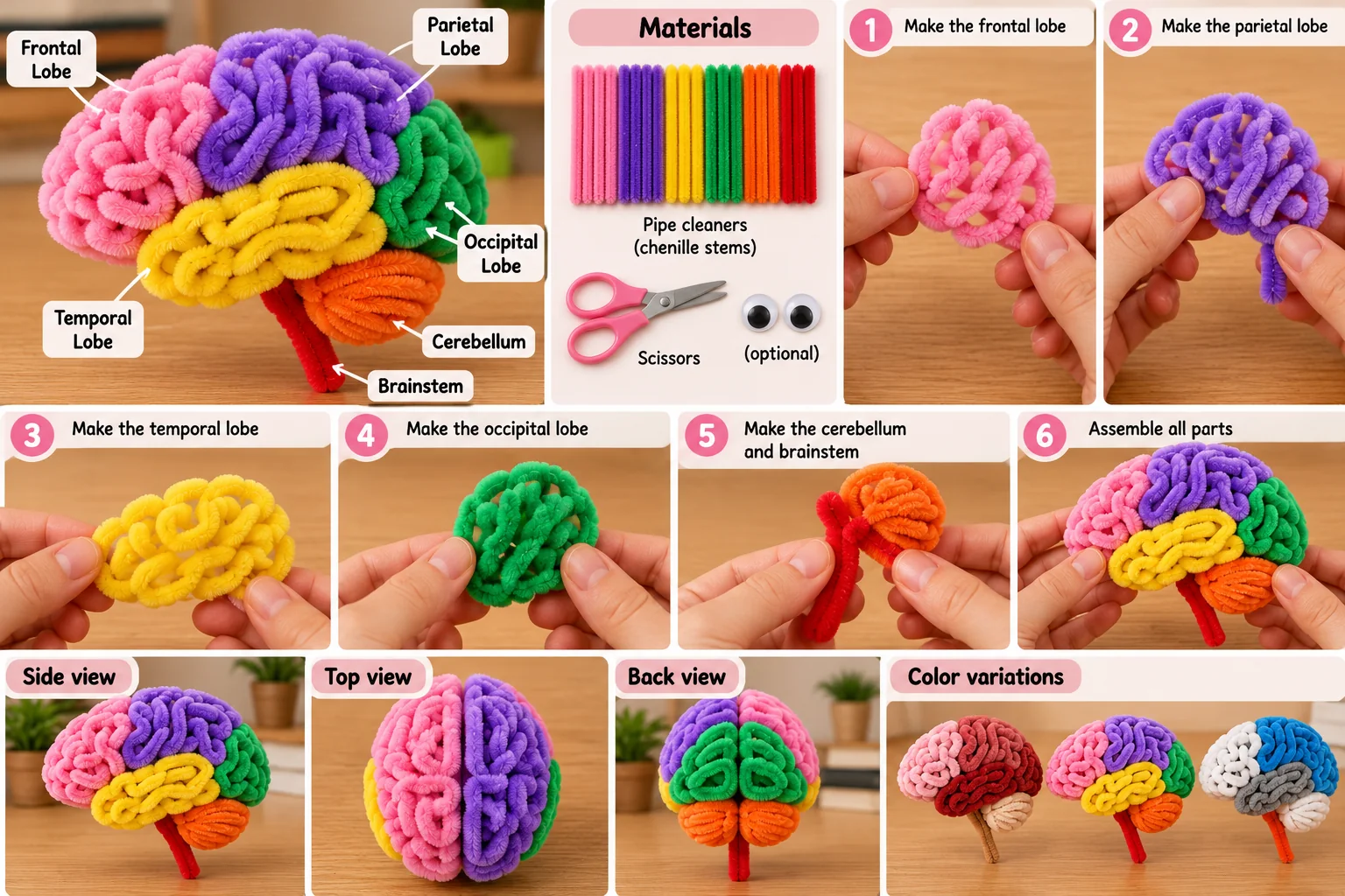 Pipe cleaner brain model showing colored brain regions, materials and assembly steps