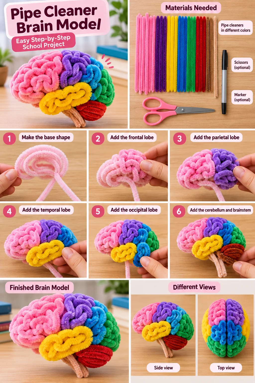 Pipe cleaner brain model step by step school project with colorful chenille stems