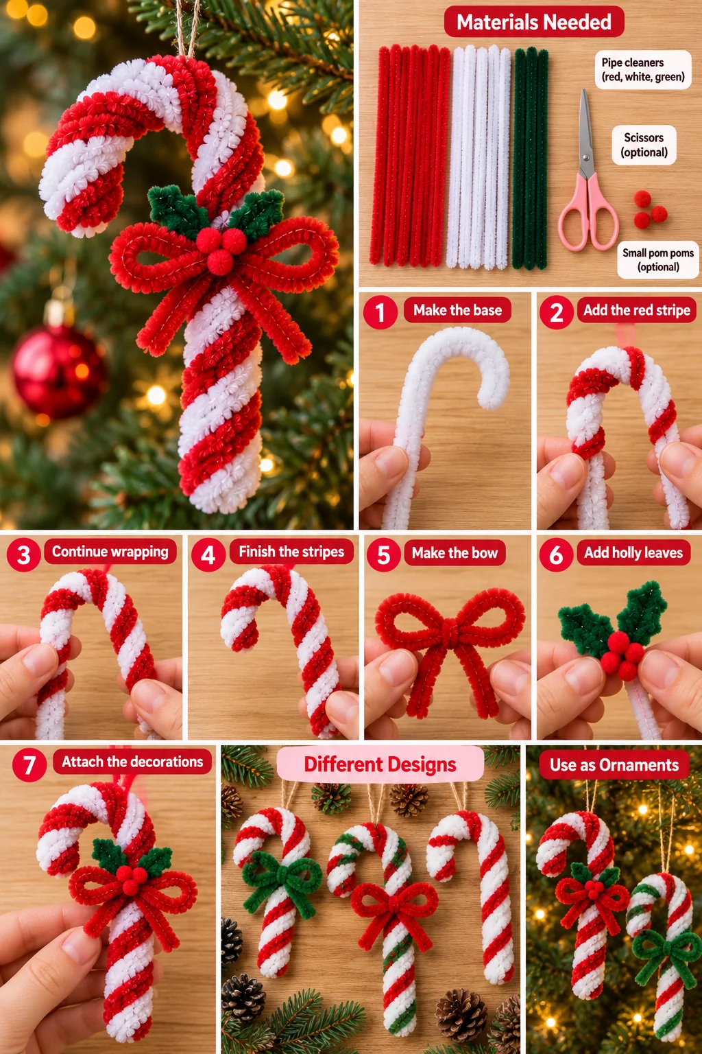 Pipe cleaner candy cane ornament ideas and Christmas variations