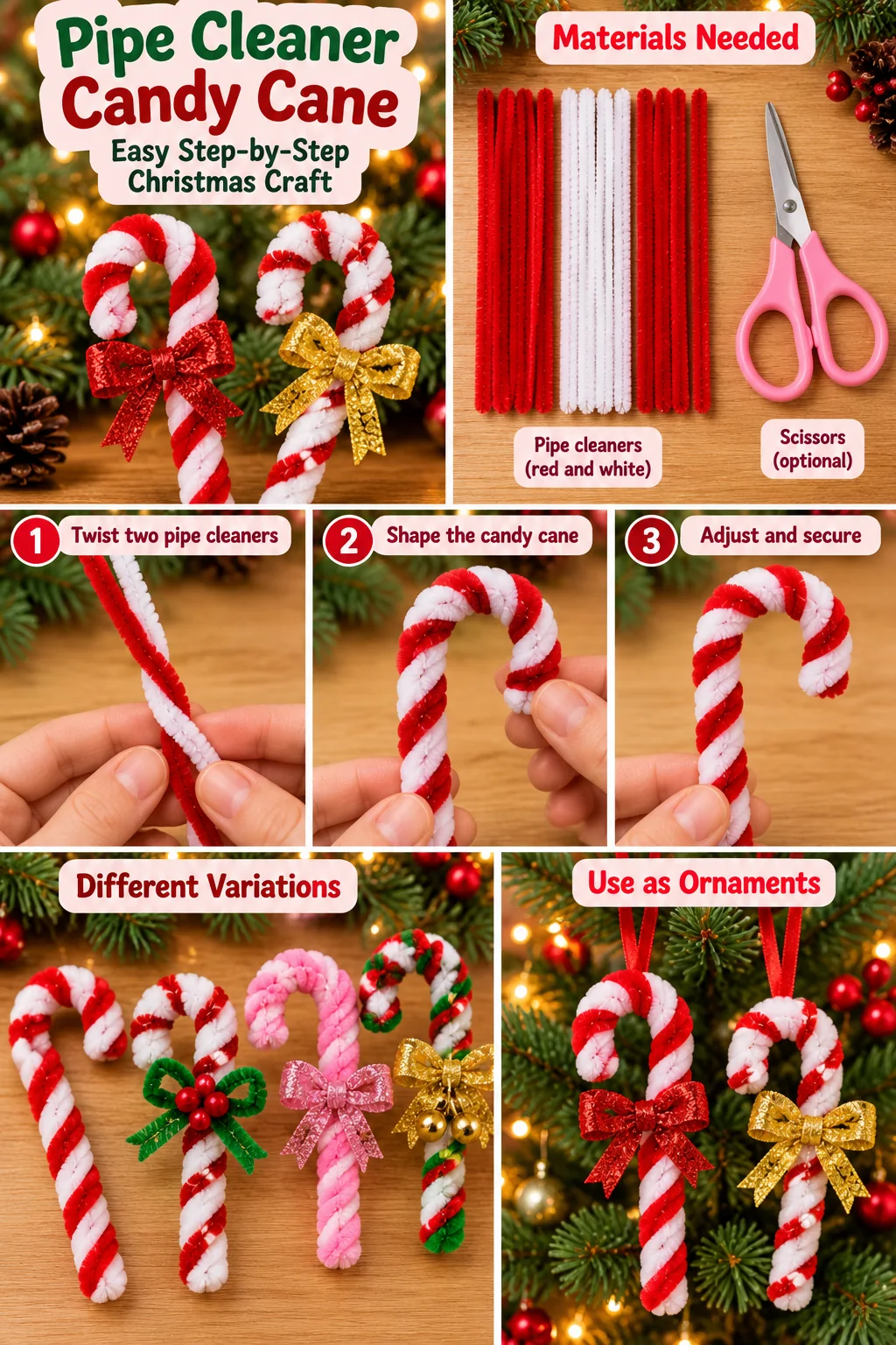 Pipe cleaner candy cane step by step Christmas craft tutorial