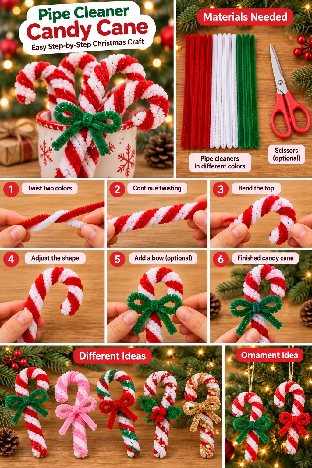 Pipe cleaner candy cane variations for easy Christmas crafts and ornaments