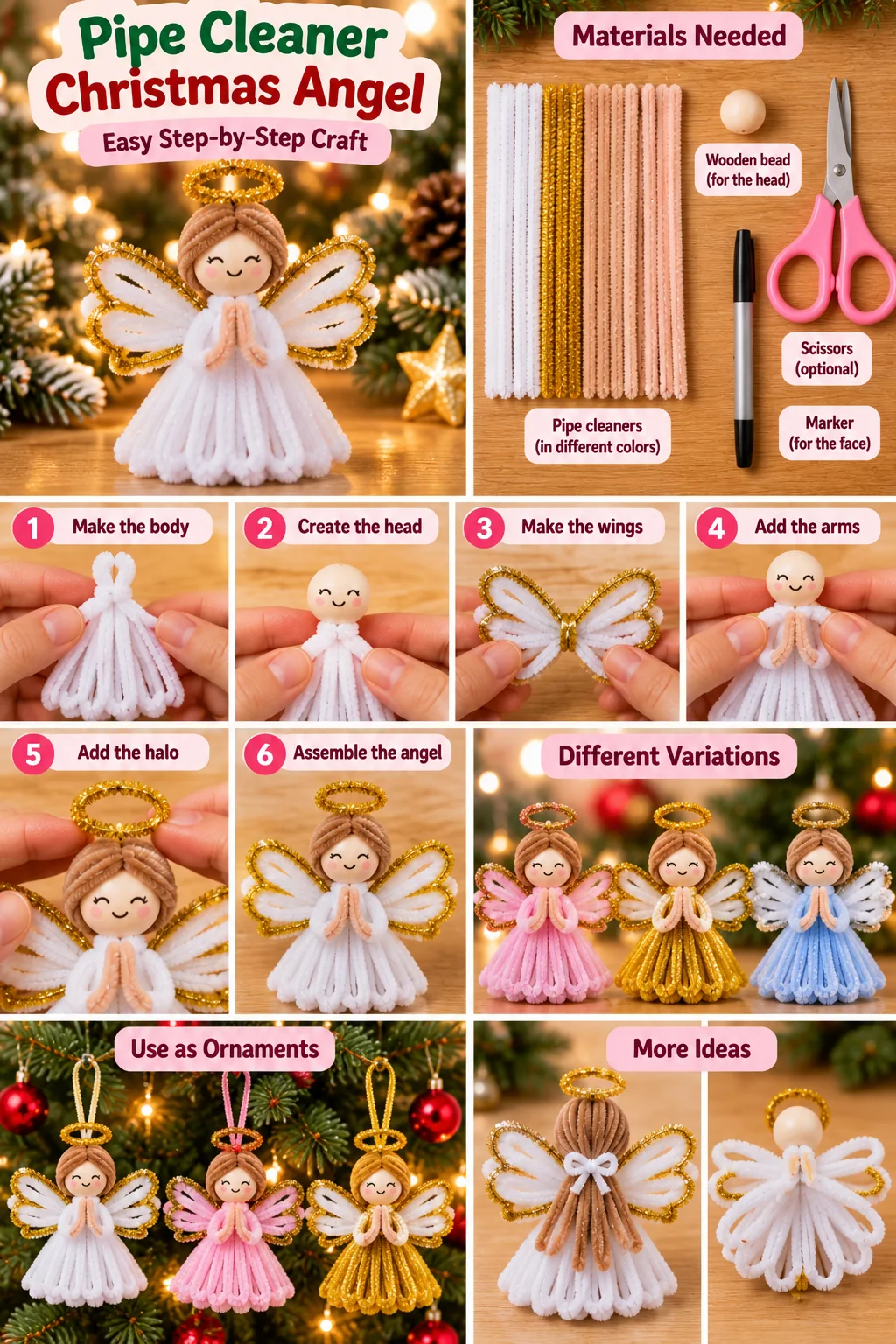 Pipe cleaner Christmas angel ideas with different colors, wings, halos and ornament designs