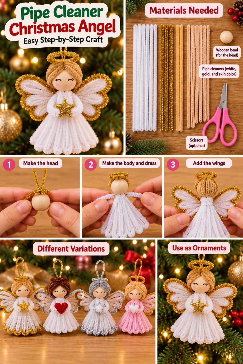 Pipe cleaner Christmas angel step by step tutorial with materials, wings, halo and ornament ideas