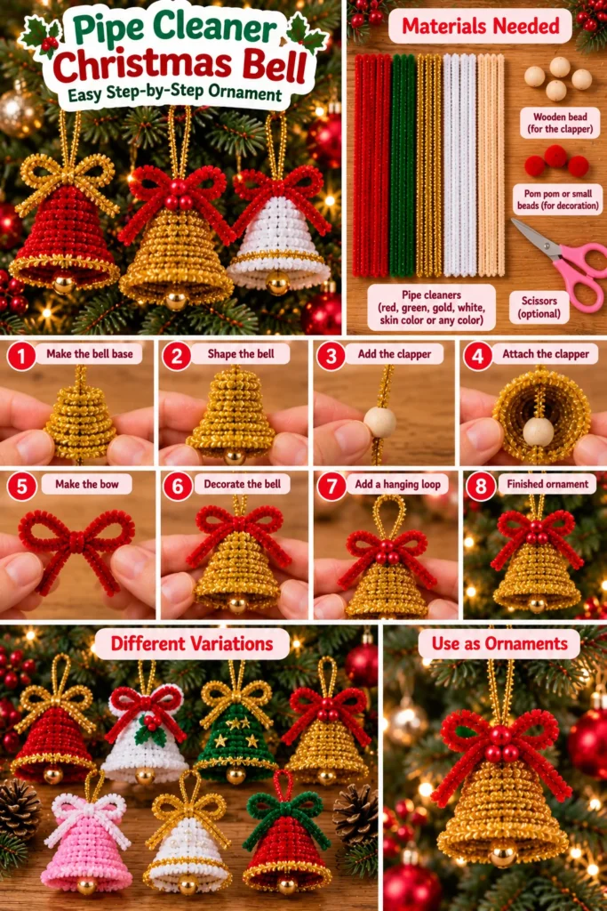 Pipe cleaner Christmas bell ornament with bow and hanging loop