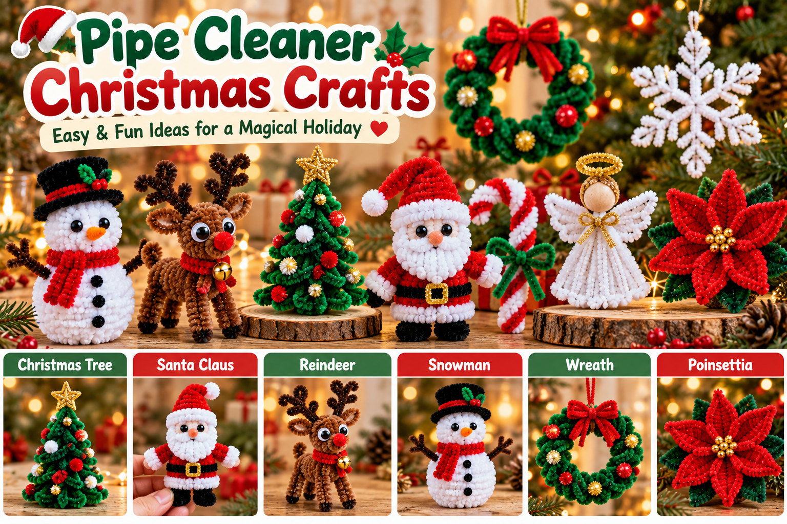 Pipe cleaner Christmas craft ideas with Santa, reindeer, tree, snowman, wreath, snowflake and poinsettia
