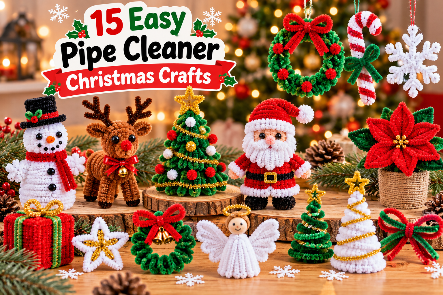 15 easy pipe cleaner Christmas crafts including Santa, reindeer, snowman, Christmas tree, wreath and poinsettia