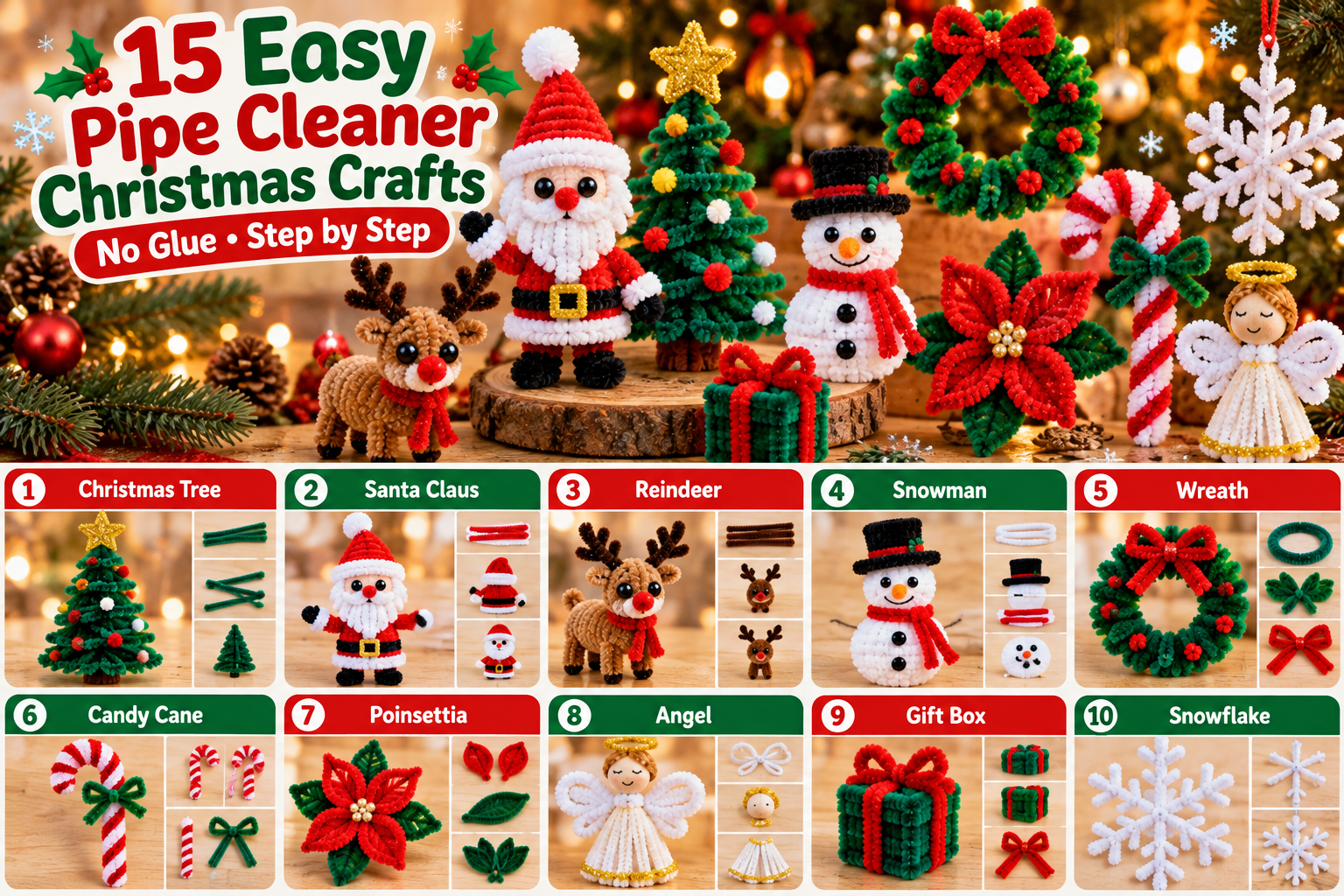 Pipe cleaner Christmas crafts step by step including tree, Santa, reindeer, snowman, wreath, candy cane and poinsettia