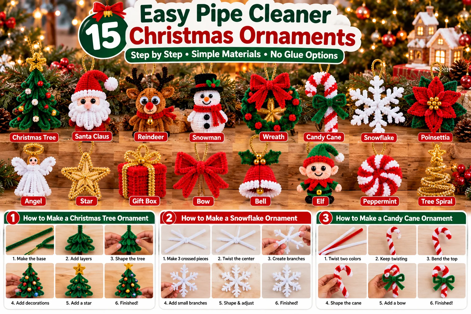 15 pipe cleaner Christmas ornament ideas with step-by-step tree, snowflake and candy cane tutorials