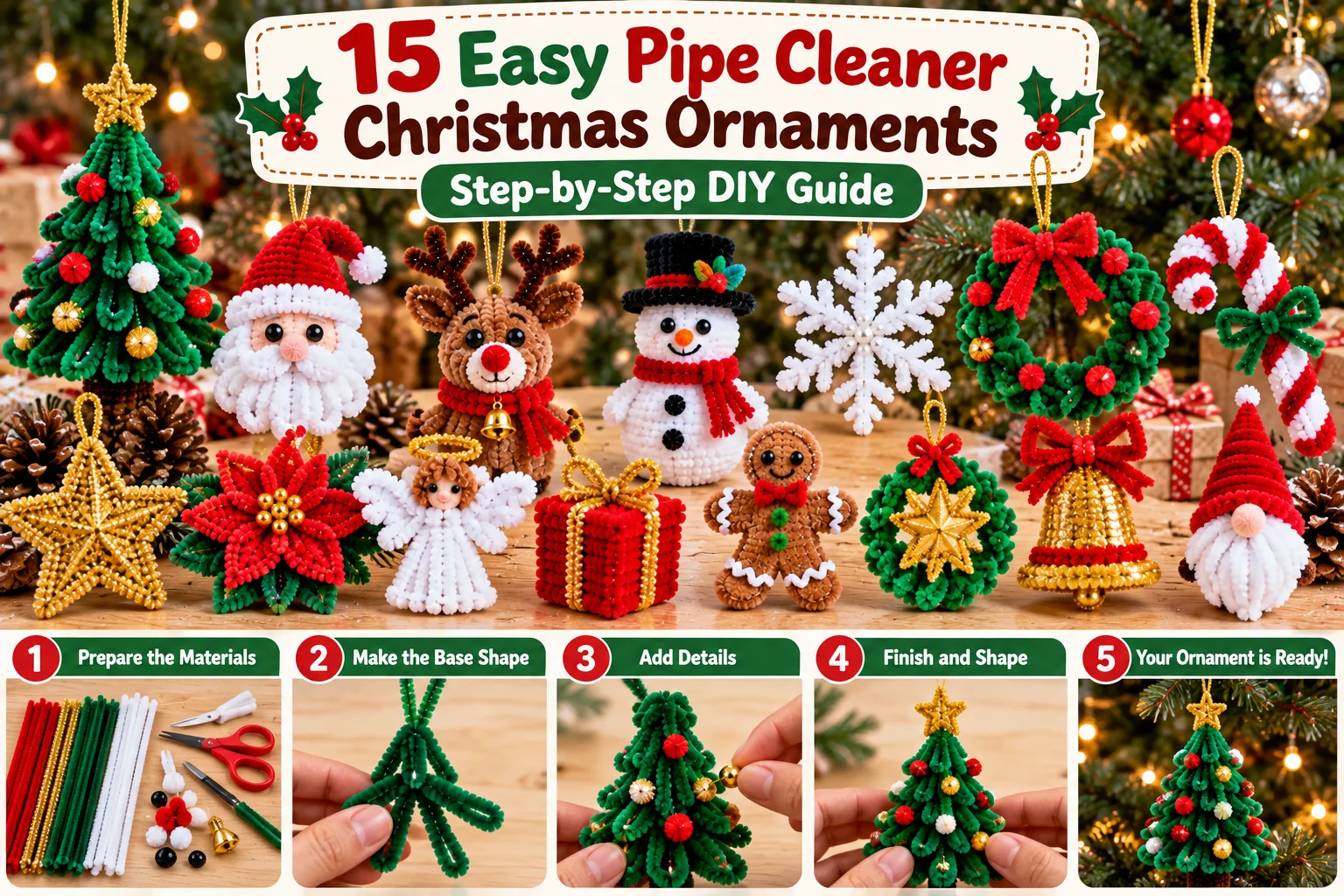 15 easy pipe cleaner Christmas ornaments including tree, Santa, reindeer, snowman, wreath, snowflake and candy cane