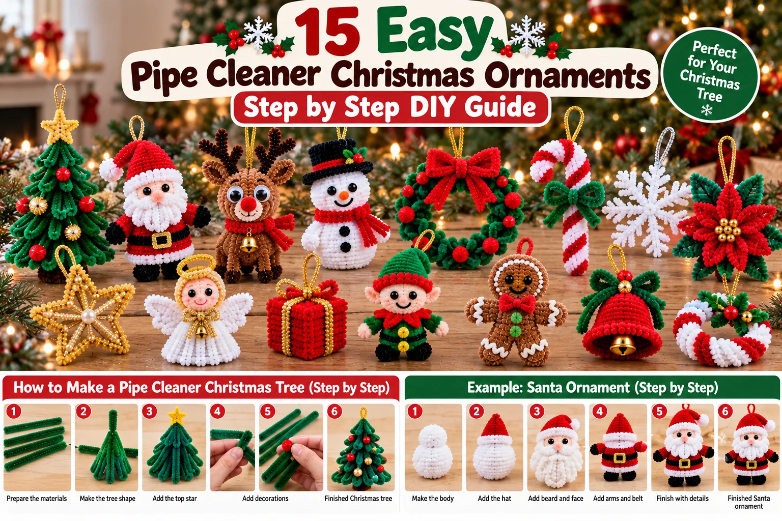 Pipe cleaner Christmas ornaments step by step with Christmas tree and Santa tutorials