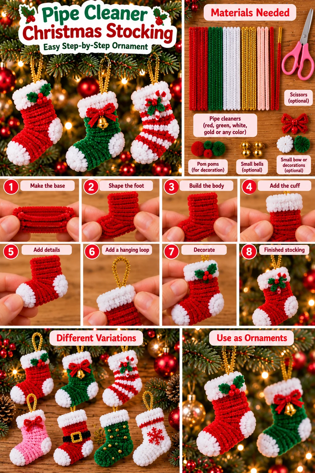 Pipe cleaner Christmas stocking ornament step-by-step craft