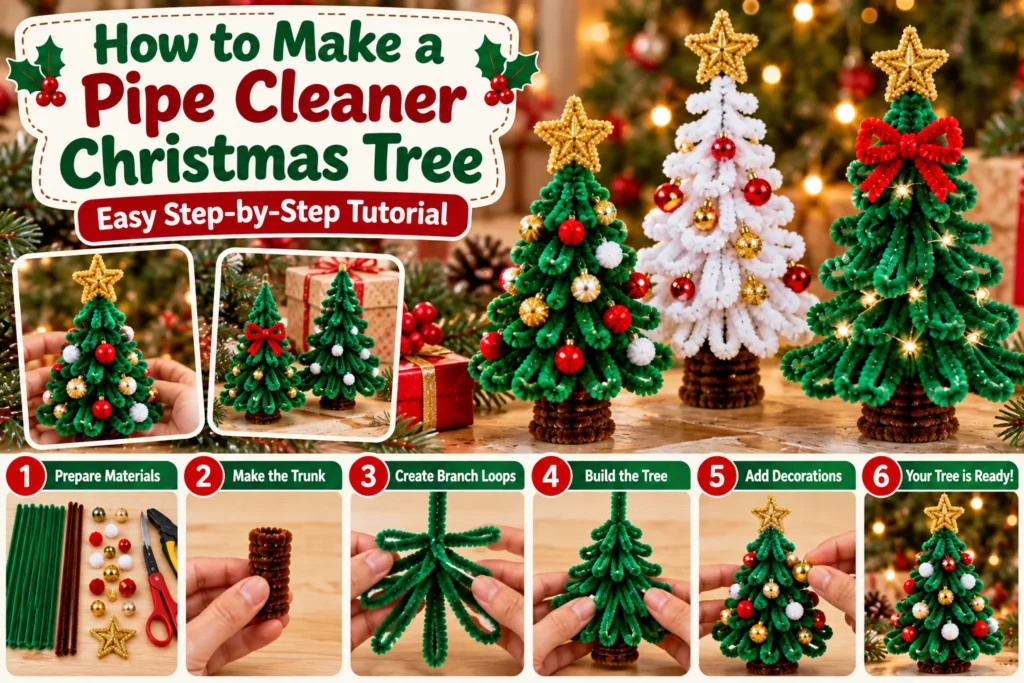 Finished pipe cleaner Christmas trees with green chenille branches, ornaments and gold stars