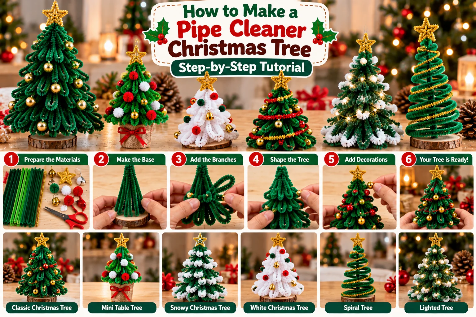 Pipe cleaner Christmas tree ideas including classic, snowy, white, spiral and decorated mini trees